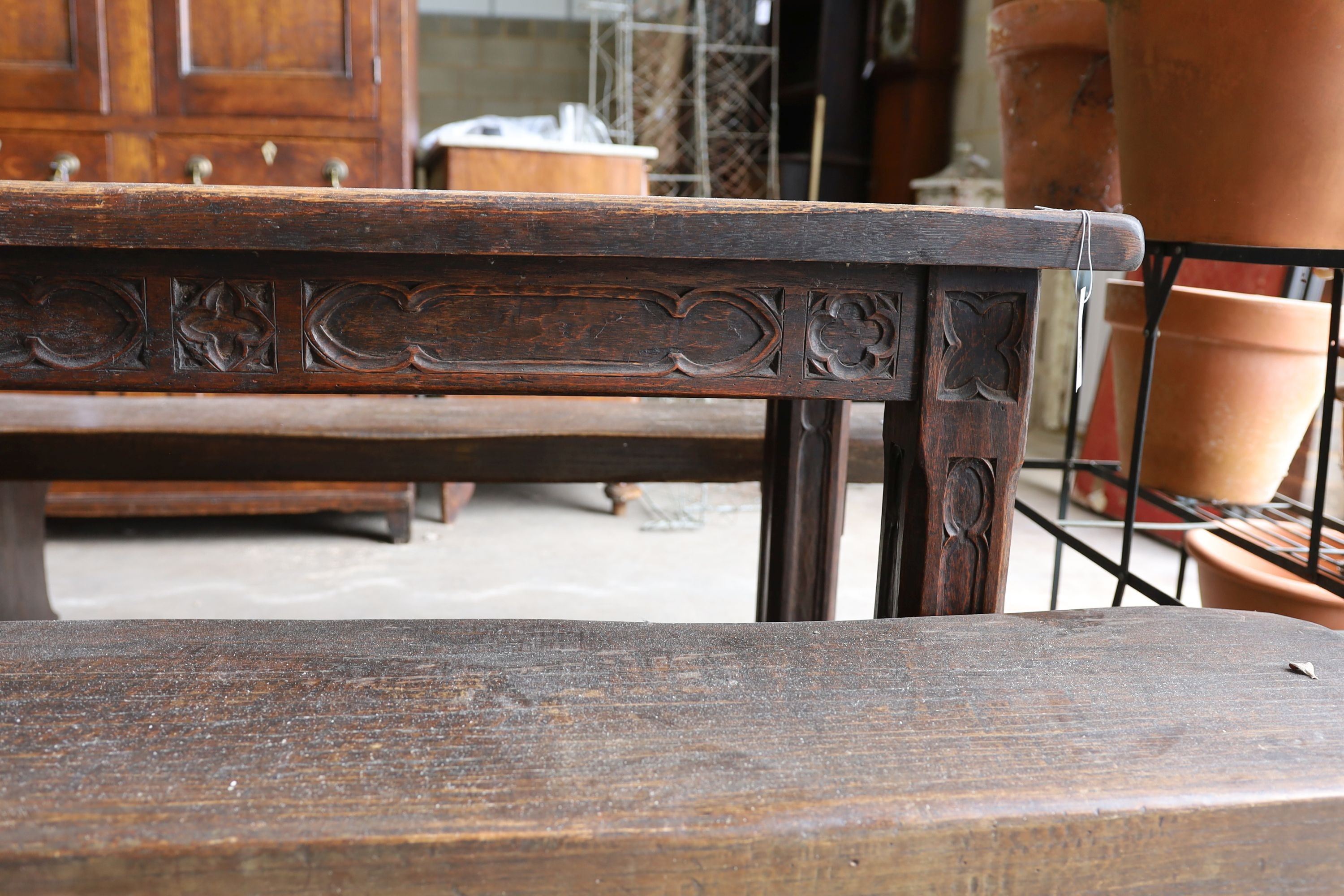 A 17th century style rectangular Gothic oak New England table, width 127cm, depth 59cm, height 77cm